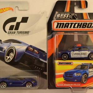 Hot Wheels 2 Cars Bundle ’14 Corvette Stingray Gran Turismo Series & MBX Dodge Magnum Police Best of Matchbox Series 1:64 Scale Collectible Die Cast Model Car