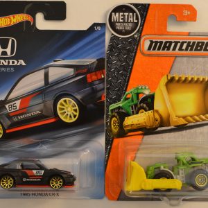 Hot Wheels   1985 Honda CR-X Black 1 of 8 HW Honda 2018 Series & Matchbox MBX Mound Mover 1:64 Scale Collectible Die Cast Model Car Bundle