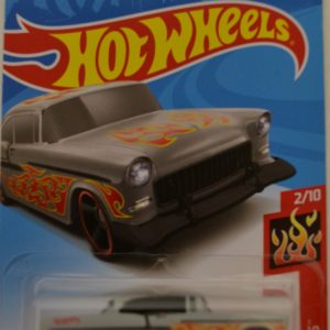 Hot Wheels   55 Chevy Gray HW ‘Flames’ Series 1:64 Scale Collectible Die Cast Model Car #2/10