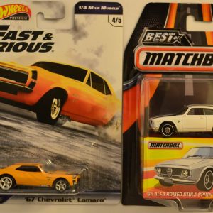 Hot Wheels 2 Cars Bundle ’67 Chevrolet Camaro Fast & Furious Series & MBX ’65 Alfa Romeo Giula Sprint GTA Best of Matchbox Series 1:64 Scale Collectible Die Cast Model Car
