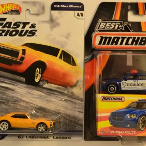 Hot Wheels 2 Cars Bundle ’67 Chevrolet Camaro Fast & Furious Series & MBX Dodge Magnum Police Best of Matchbox Series 1:64 Scale Collectible Die Cast Model Car