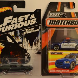 Hot Wheels 2 Cars Bundle ’67 Ford Mustang Fast & Furious Series & MBX Dodge Magnum Police Best of Matchbox Series 1:64 Scale Collectible Die Cast Model Car