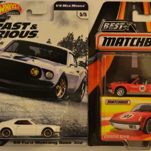 Hot Wheels 2 Cars Bundle ’69 Ford Mustang Boss 302 Fast & Furious Series & MBX Porsche 914/6 Best of Matchbox Series 1:64 Scale Collectible Die Cast Model Car