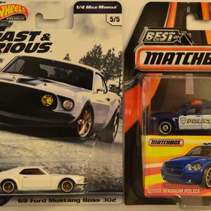 Hot Wheels 2 Cars Bundle ’69 Mustang Boss 302 Fast & Furious & Dodge Magnum Police Matchbox 1:64