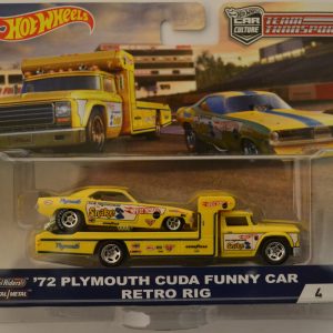 ’72 Plymouth Cuda Funny Car & Retro Rig Yellow #4 Hot Wheels HW Car Culture Team Transport Series 1:64 Scale Collectible Die Cast Model Car