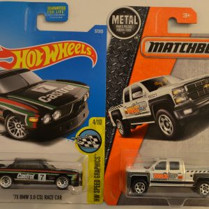 Hot Wheels Compatible ’73 BMW 3.0 CLS Race Car Black 57/365 HW Speed Graphics Series & Matchbox MBX ’14 Chevy Silverado 1500 1:64 Scale Collectible Die Cast Model Car Bundle