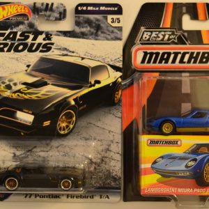 Hot Wheels 2 Cars Bundle ’77 Pontiac Firebird T/A SS Fast & Furious & Miura P400 Matchbox 1:64