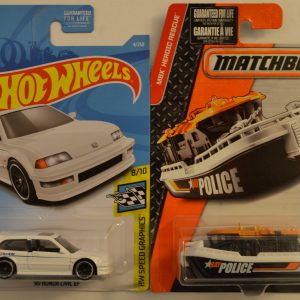 Hot Wheels Compatible ’90 Honda Civic EF White 4/250 HW Speed Graphics Series & Matchbox MBX Bay Brigade 1:64 Scale Collectible Die Cast Model Car Bundle