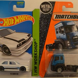 Hot Wheels Compatible ’92 BMW M3 White 195/250 HW Showroom Series & Matchbox MBX ’13 Ford Cargo 1:64 Scale Collectible Die Cast Model Car Bundle