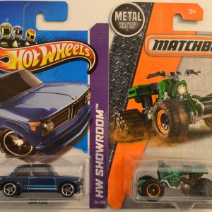 Hot Wheels   BMW 2002 Blue 154/250 HW Showroom Series & Matchbox MBX Moto Tracker 1:64 Scale Collectible Die Cast Model Car Bundle