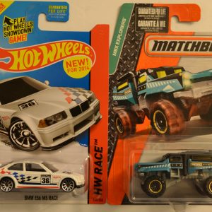 Hot Wheels   BMW E36 M3 Race White 169/250 HW Race Series & Matchbox MBX Rumble Raider 1:64 Scale Collectible Die Cast Model Car Bundle