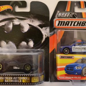 Hot Wheels 2 Cars Bundle Batmobile Batman Returns Retro Series & MBX Dodge Magnum Police Best of Matchbox Series 1:64 Scale Collectible Die Cast Model Car