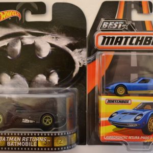 Hot Wheels 2 Cars Bundle Batmobile Batman Returns Retro Series & MBX Lamborghini Miura P400 S Best of Matchbox Series 1:64 Scale Collectible Die Cast Model Car