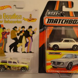 Hot Wheels 2 Cars Bundle Cockney Cab 2 The Beatles Submarine Series & MBX ’65 Alfa Romeo Giula Sprint GTA Best of Matchbox Series 1:64 Scale Collectible Die Cast Model Car