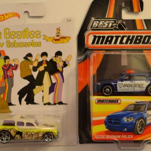 Hot Wheels 2 Cars Bundle Cockney Cab 2 The Beatles Submarine Series & MBX Dodge Magnum Police Best of Matchbox Series 1:64 Scale Collectible Die Cast Model Car