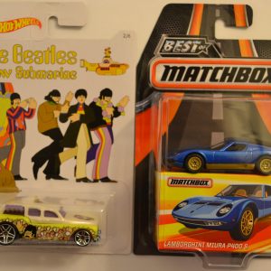Hot Wheels 2 Cars Bundle Cockney Cab 2 The Beatles Submarine Series & MBX Lamborghini Miura P400 S Best of Matchbox Series 1:64 Scale Collectible Die Cast Model Car