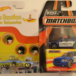 Hot Wheels 2 Cars Bundle Fish’d N Chip’d The Beatles Submarine Series & MBX Dodge Magnum Police Best of Matchbox Series 1:64 Scale Collectible Die Cast Model Car