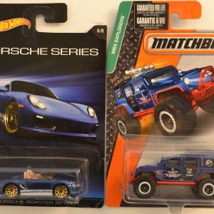 Hot Wheels Compatible Porsche Boxter Spyder Blue 6 of 8 HW 2015 Porsche Series & Matchbox MBX Jeep Wrangler Superlift 1:64 Scale Collectible Die Cast Model Car Bundle